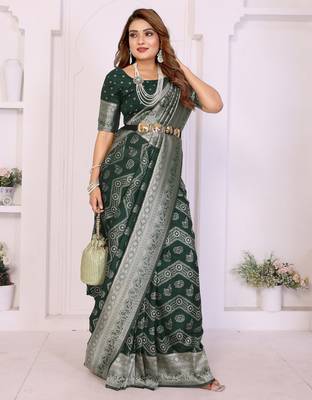 green color zari weaving georgette silk blend saree 3