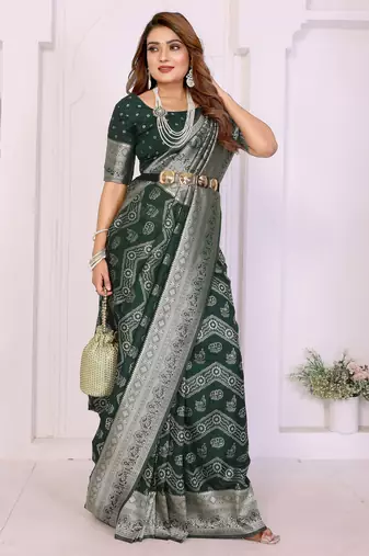 green color zari weaving georgette silk blend saree