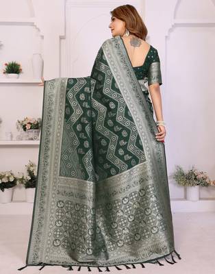 green color zari weaving georgette silk blend saree 4