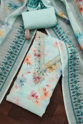 Sky-blue digital print cotton semi stitched churidar dress-materials