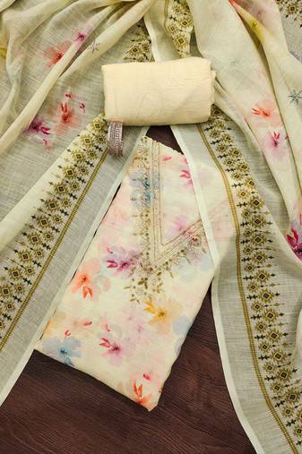 Cream digital print cotton semi stitched churidar dress-materials