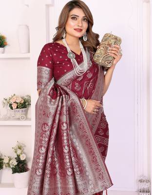 Maroon Color Zari Weaving Georgette Silk Saree 1
