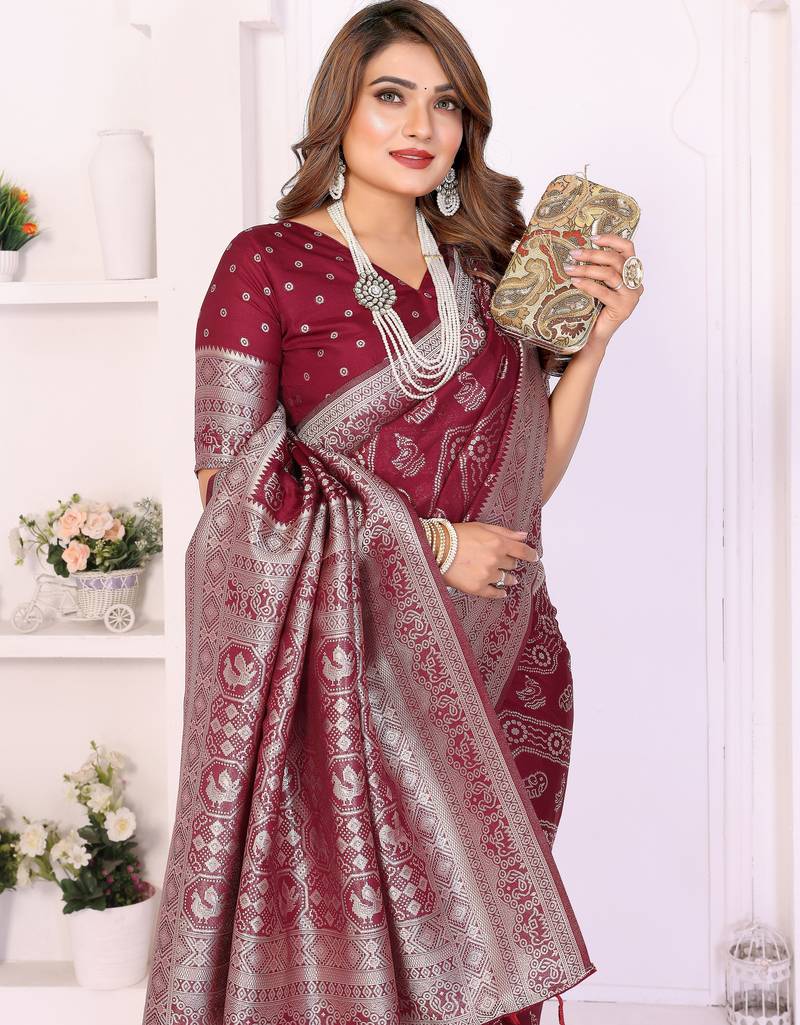 Maroon Color Zari Weaving Georgette Silk Saree