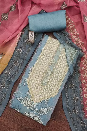 Teal hand embroidery shimmer semi stitched churidar dress-materials