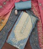 Teal hand embroidery shimmer semi stitched churidar dress-materials