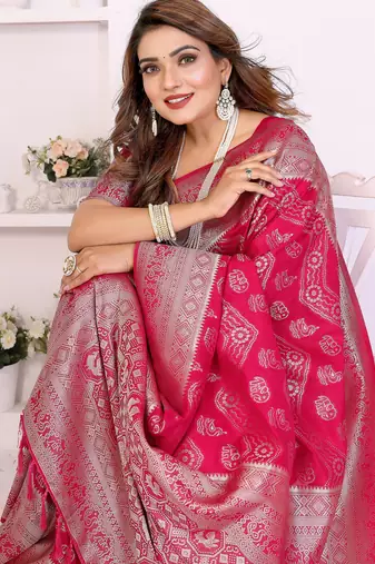 Rani Pink Color Zari Weaving Georgette Silk Saree