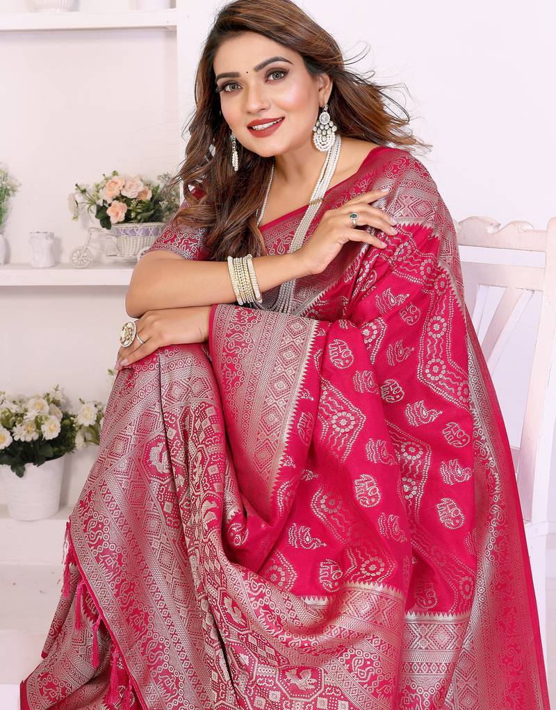 Rani Pink Color Zari Weaving Georgette Silk Saree