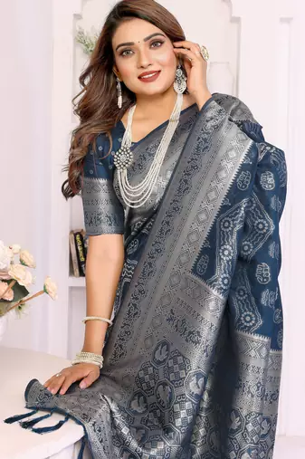 Teal Color Zari Weaving Georgette Silk Saree