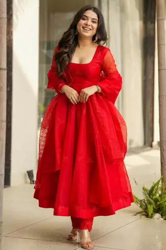 Red Embroidered organza suit set