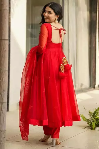 Red Embroidered organza suit set