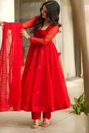 Red Embroidered organza suit set