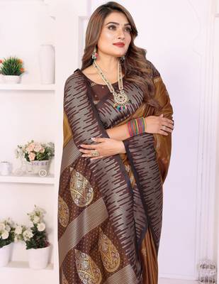 dark mustard color zari weaving silk blend saree 1