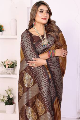 dark mustard color zari weaving silk blend saree