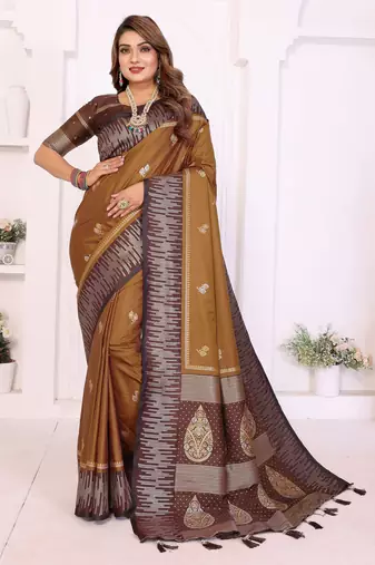 dark mustard color zari weaving silk blend saree