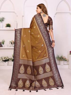 dark mustard color zari weaving silk blend saree 4