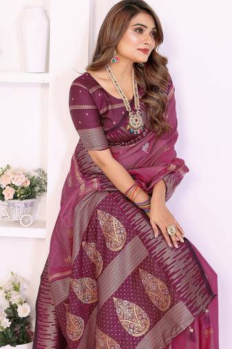 Pink Color Zari Weaving Silk Saree