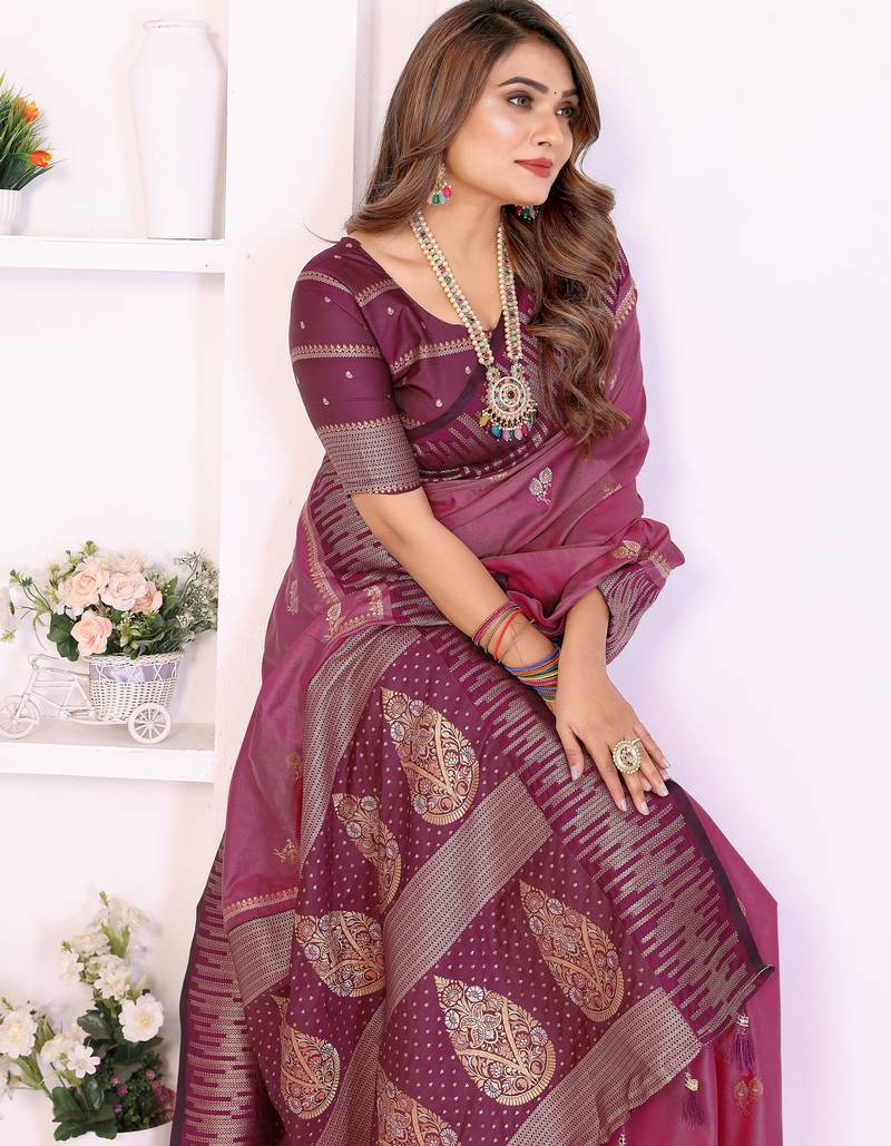 Pink Color Zari Weaving Silk Saree