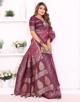 Pink Color Zari Weaving Silk Saree 3