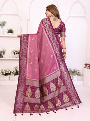 Pink Color Zari Weaving Silk Saree 4
