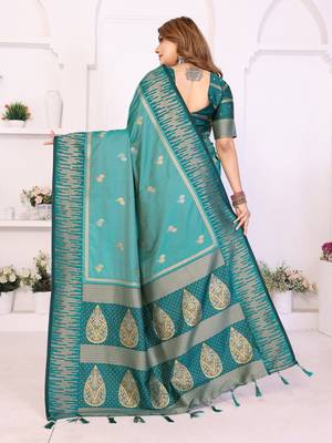 Blue Color Zari Weaving Silk Saree 4