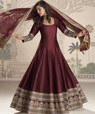 luxury vichitra silk anarkali with sequins work & jacquard dupatta 1