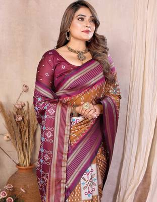 brown color ikat weaving silk blend saree 1