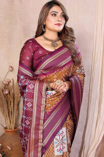 brown color ikat weaving silk blend saree