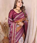 brown color ikat weaving silk blend saree