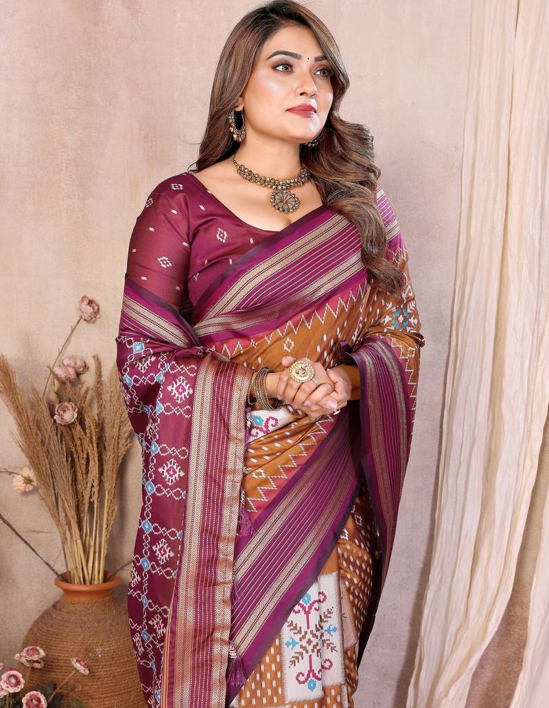 brown color ikat weaving silk blend saree