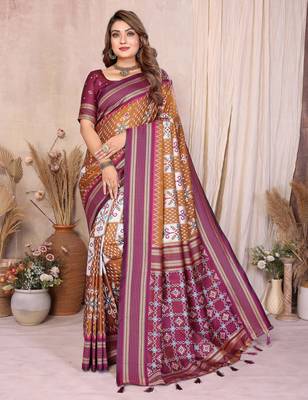 brown color ikat weaving silk blend saree 2
