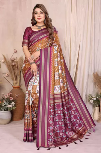 brown color ikat weaving silk blend saree