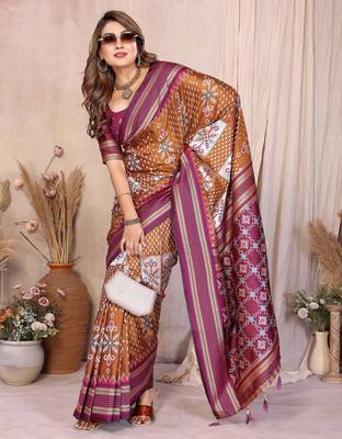 brown color ikat weaving silk blend saree 3