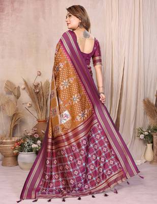 brown color ikat weaving silk blend saree 4