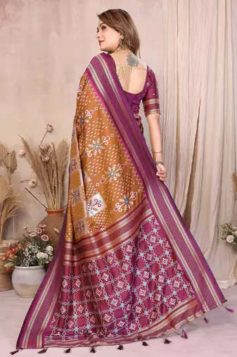 brown color ikat weaving silk blend saree