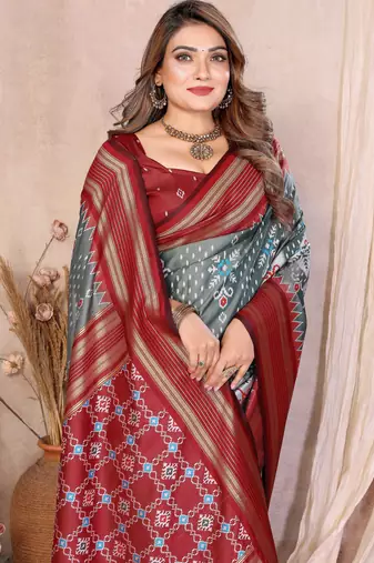 Grey Color Ikat Weaving Silk Saree