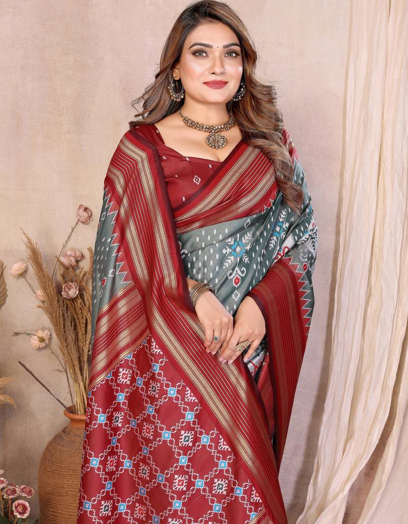 Grey Color Ikat Weaving Silk Saree