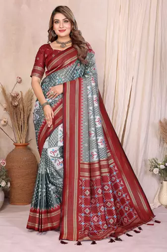 Grey Color Ikat Weaving Silk Saree
