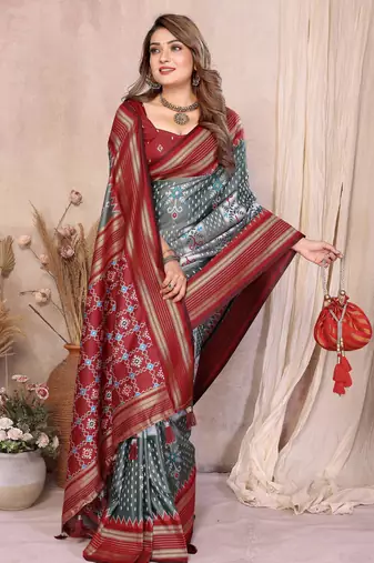 Grey Color Ikat Weaving Silk Saree