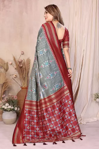 Grey Color Ikat Weaving Silk Saree