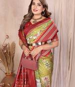 Pear Color Ikat Weaving Silk Saree