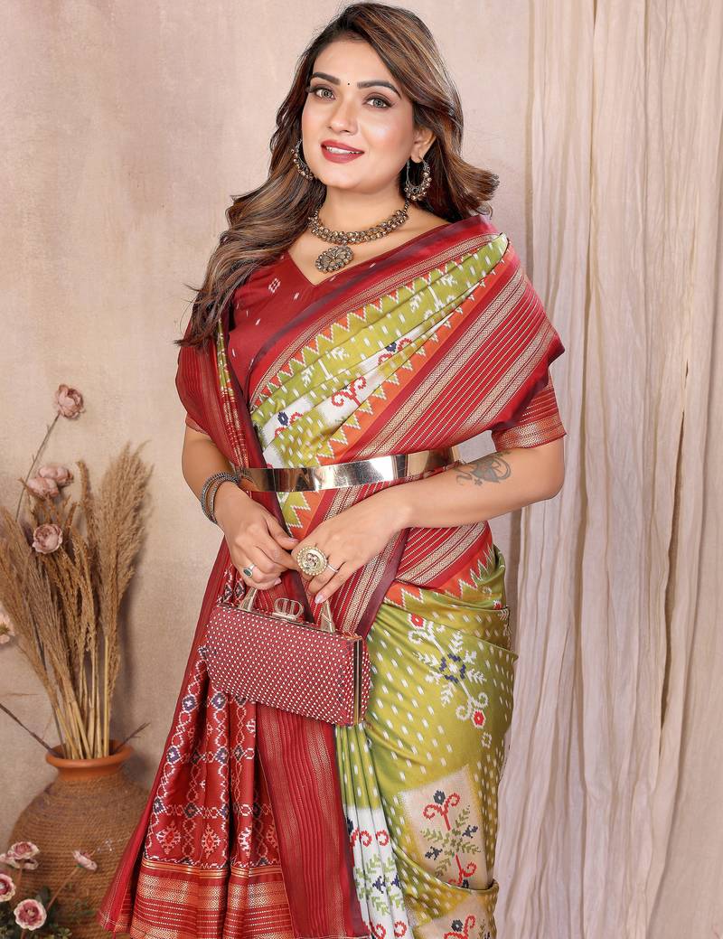 Pear Color Ikat Weaving Silk Saree