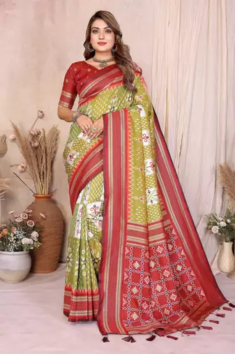 Pear Color Ikat Weaving Silk Saree