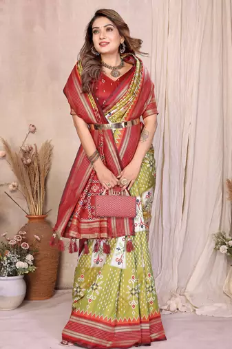 Pear Color Ikat Weaving Silk Saree