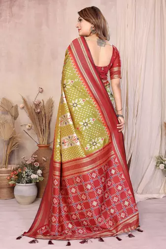 Pear Color Ikat Weaving Silk Saree
