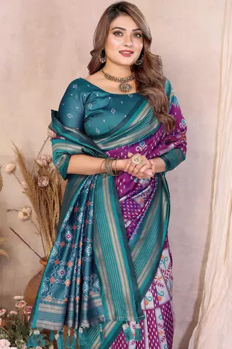 Plum Color Ikat Weaving Silk Saree