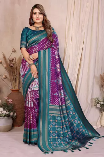Plum Color Ikat Weaving Silk Saree