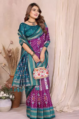 Plum Color Ikat Weaving Silk Saree