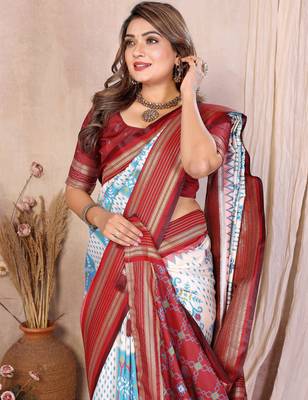 White Color Ikat Weaving Silk Saree 1