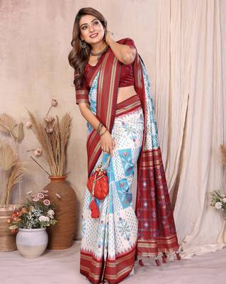 White Color Ikat Weaving Silk Saree 3