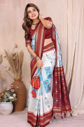 White Color Ikat Weaving Silk Saree